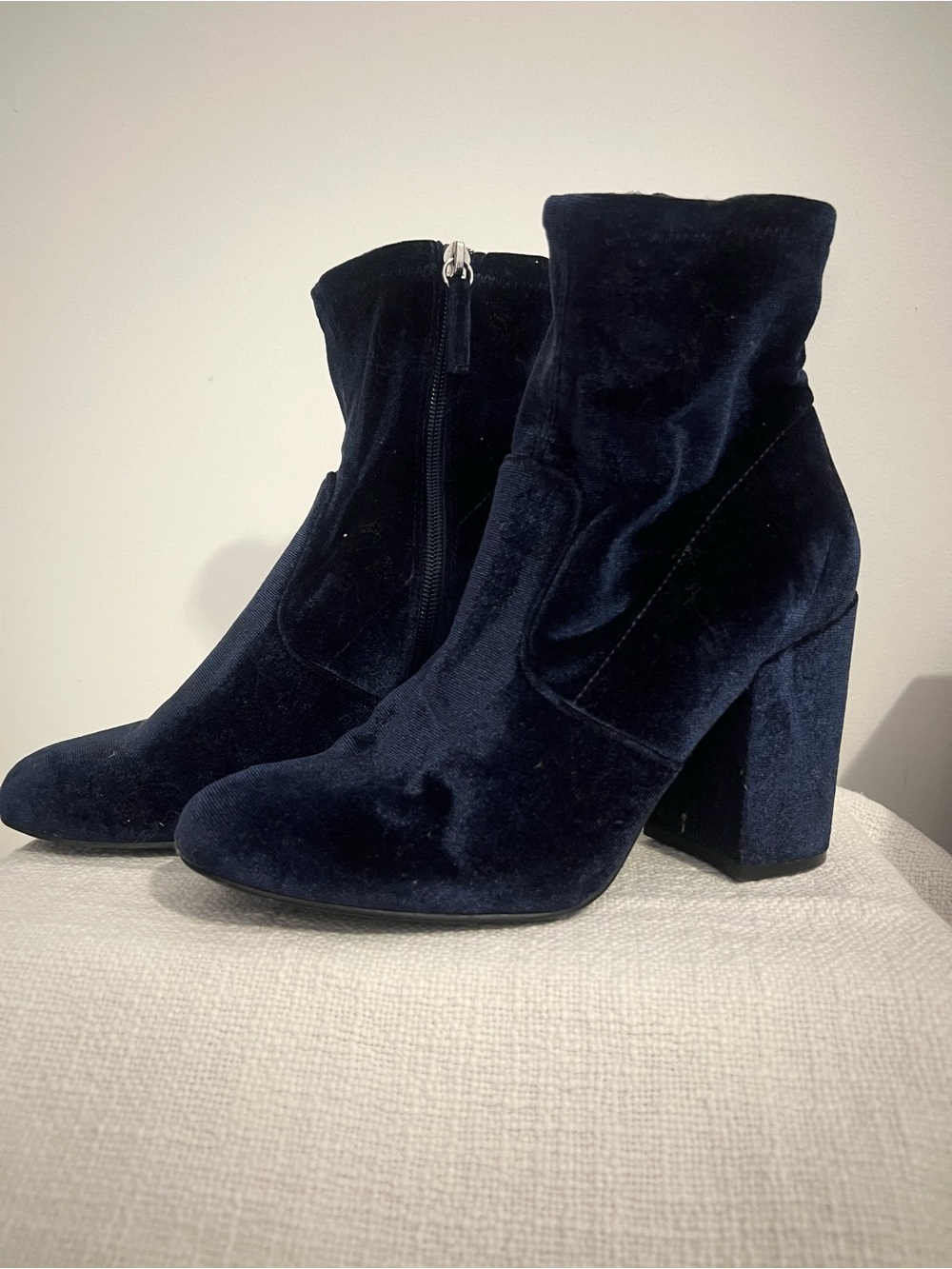 Steve Madden Navy Velvet Block Heel Ankle Boots